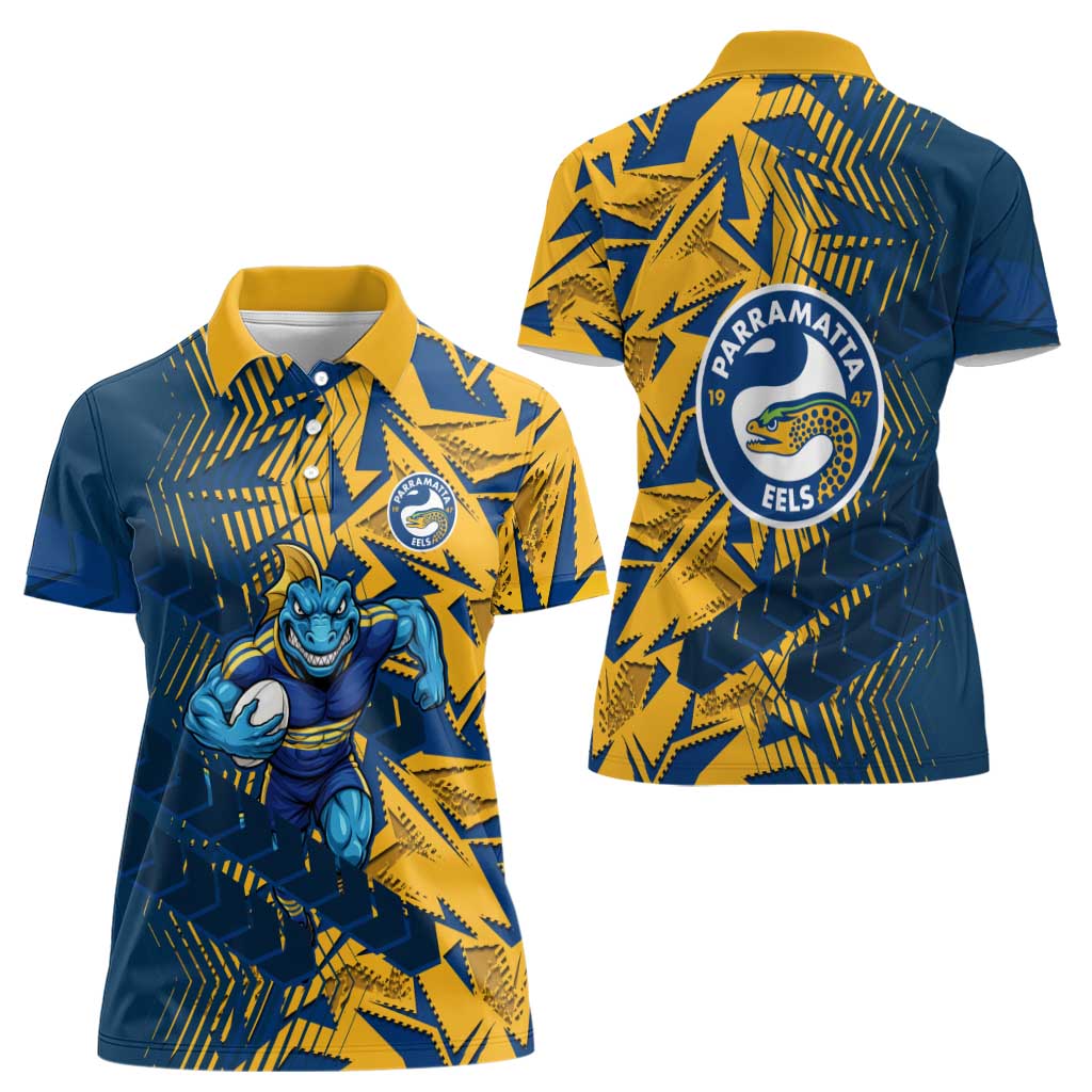 Parramatta Eels Rugby Women Polo Shirt Fierce Mascot Geometric Tribal Art