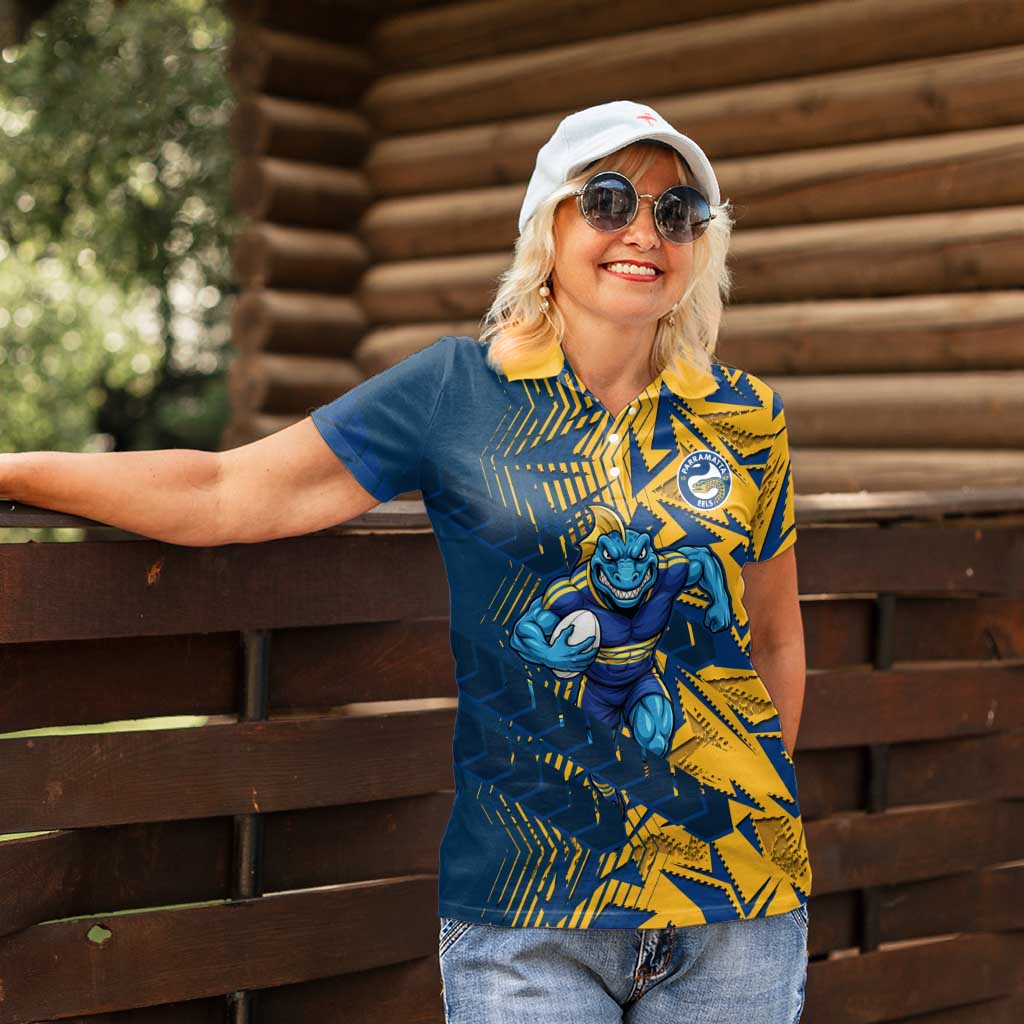 Parramatta Eels Rugby Women Polo Shirt Fierce Mascot Geometric Tribal Art