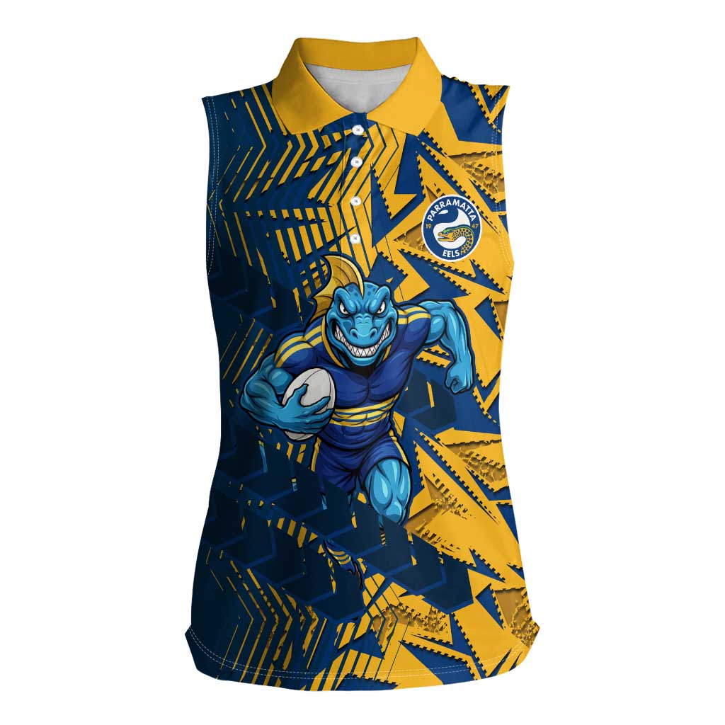 Parramatta Eels Rugby Women Sleeveless Polo Shirt Fierce Mascot Geometric Tribal Art