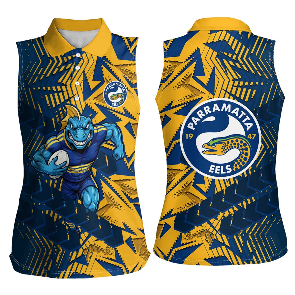 Parramatta Eels Rugby Women Sleeveless Polo Shirt Fierce Mascot Geometric Tribal Art