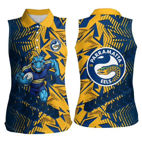 Parramatta Eels Rugby Women Sleeveless Polo Shirt Fierce Mascot Geometric Tribal Art