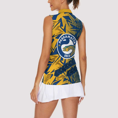 Parramatta Eels Rugby Women Sleeveless Polo Shirt Fierce Mascot Geometric Tribal Art