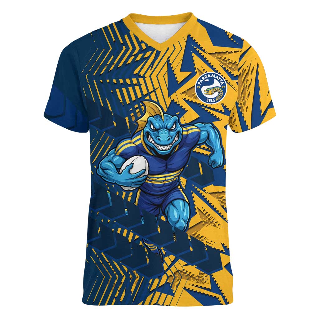 Parramatta Eels Rugby Women V-Neck T-Shirt Fierce Mascot Geometric Tribal Art