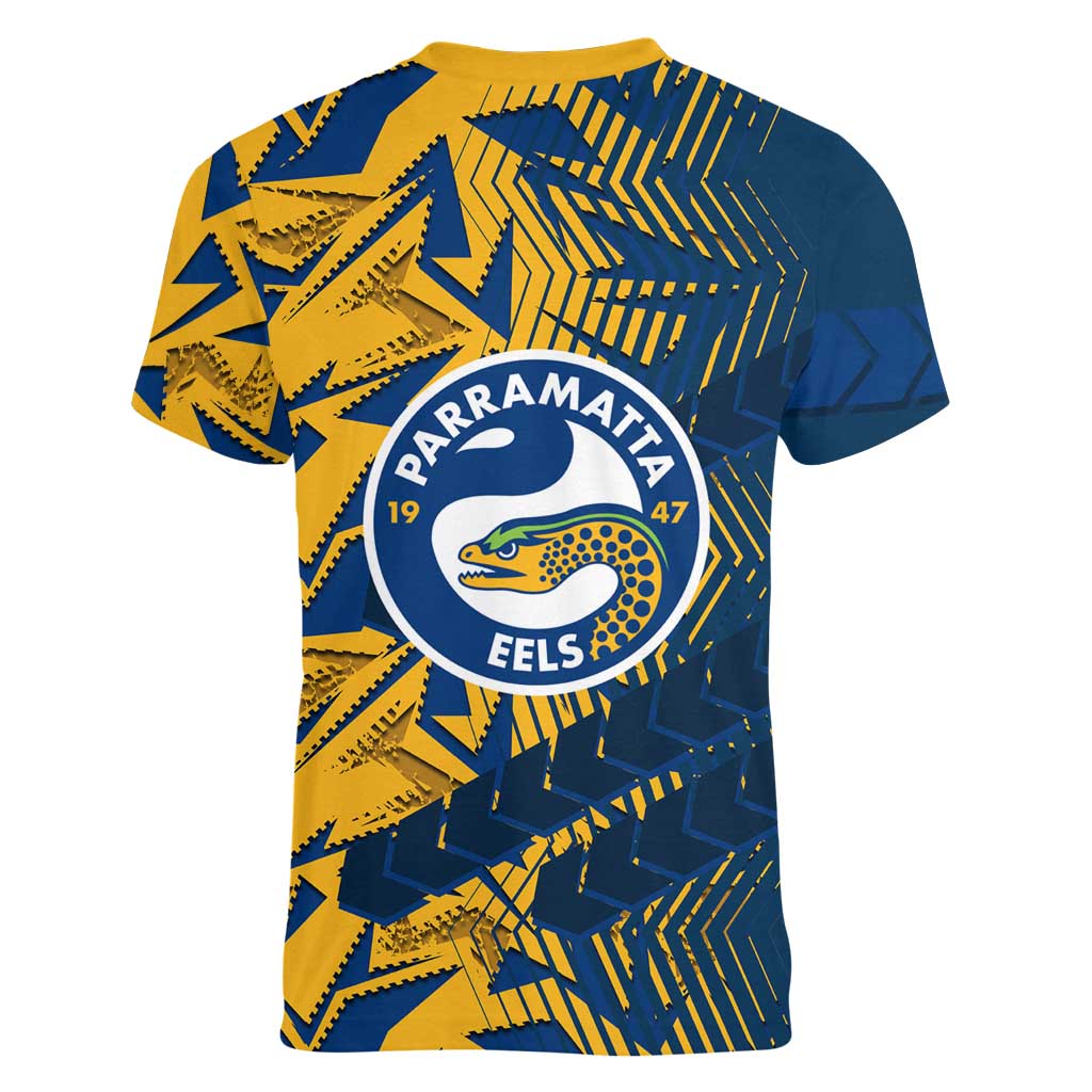 Parramatta Eels Rugby Women V-Neck T-Shirt Fierce Mascot Geometric Tribal Art