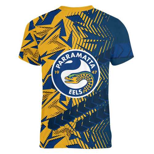 Parramatta Eels Rugby Women V-Neck T-Shirt Fierce Mascot Geometric Tribal Art