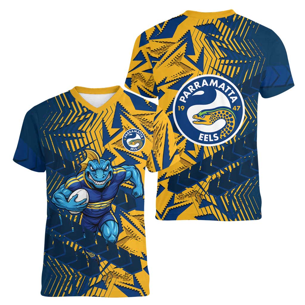 Parramatta Eels Rugby Women V-Neck T-Shirt Fierce Mascot Geometric Tribal Art