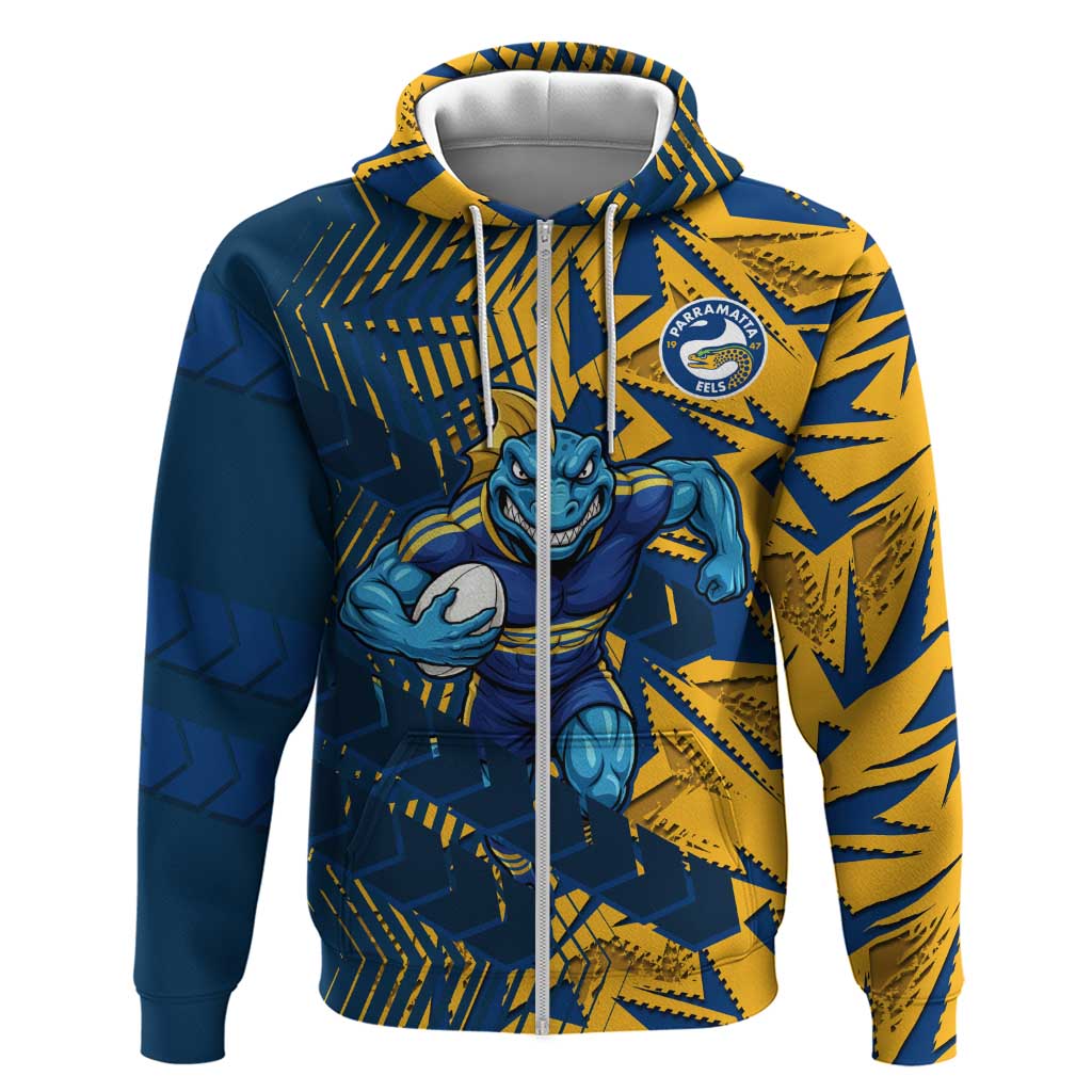 Parramatta Eels Rugby Zip Hoodie Fierce Mascot Geometric Tribal Art