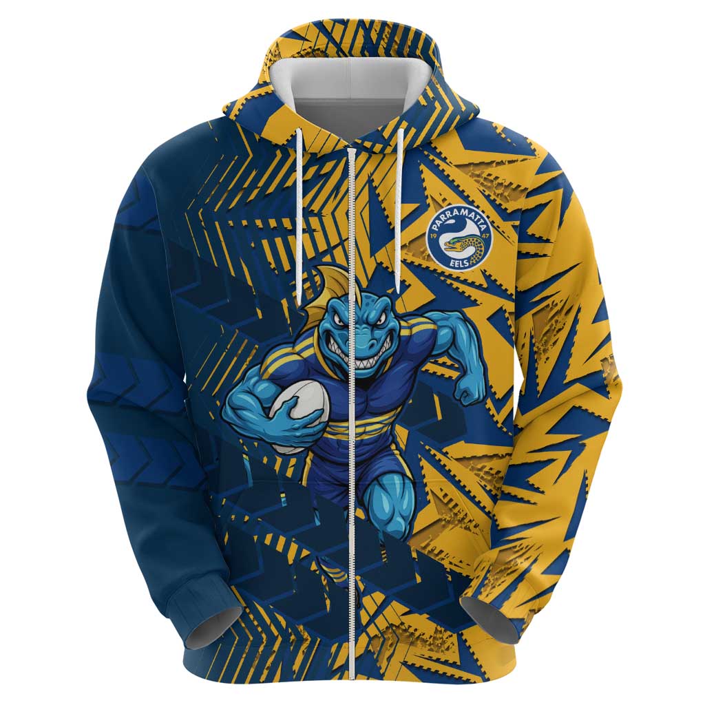Parramatta Eels Rugby Zip Hoodie Fierce Mascot Geometric Tribal Art