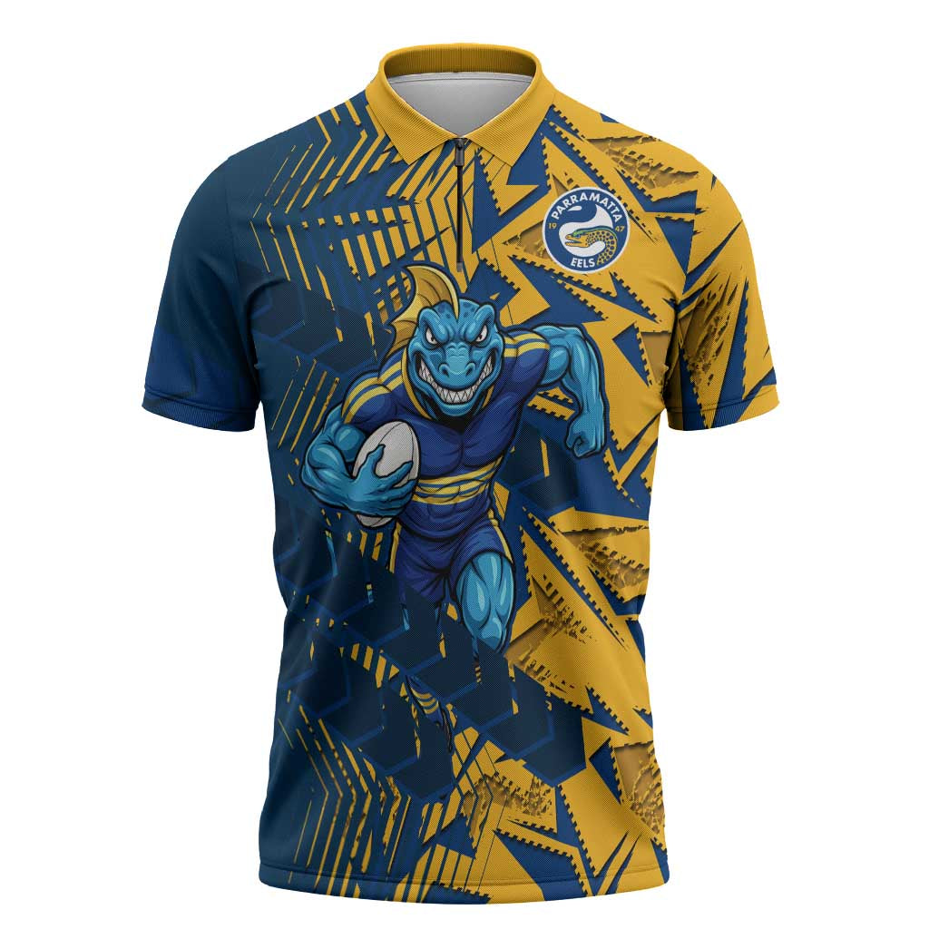 Parramatta Eels Rugby Zipper Polo Shirt Fierce Mascot Geometric Tribal Art