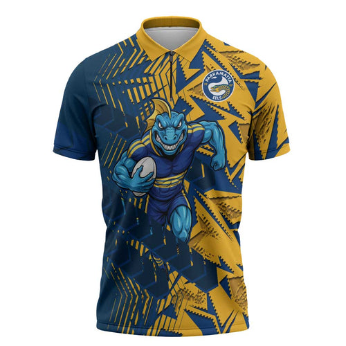 Parramatta Eels Rugby Zipper Polo Shirt Fierce Mascot Geometric Tribal Art