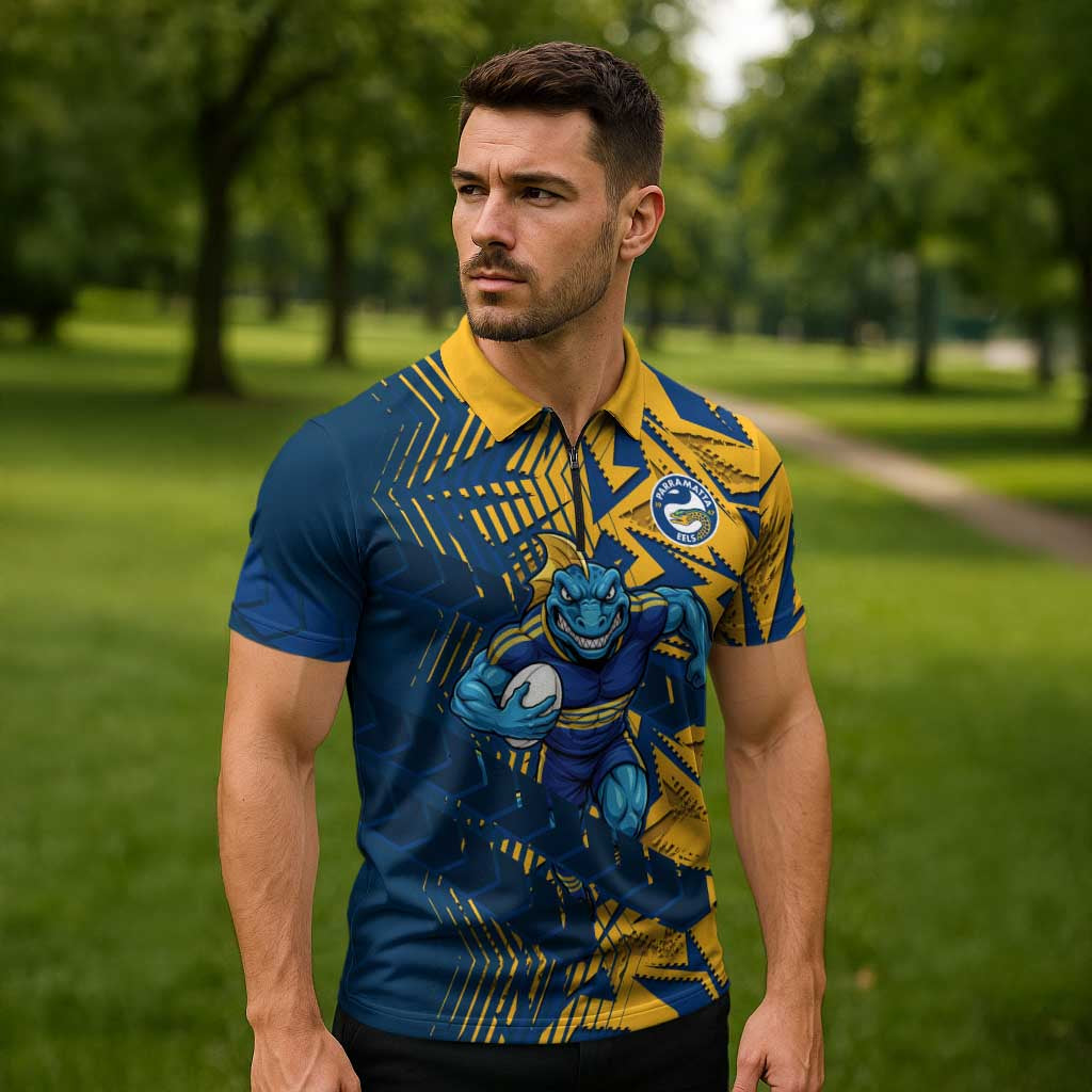 Parramatta Eels Rugby Zipper Polo Shirt Fierce Mascot Geometric Tribal Art