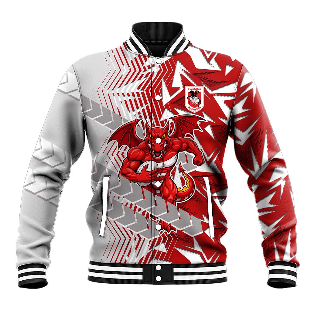 St George Illawarra Dragons Rugby Baseball Jacket Fierce Mascot Geometric Tribal Art