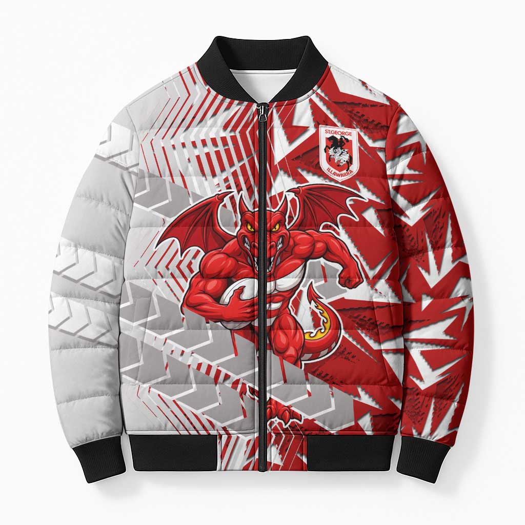 St George Illawarra Dragons Rugby Bomber Puffer Jacket Fierce Mascot Geometric Tribal Art