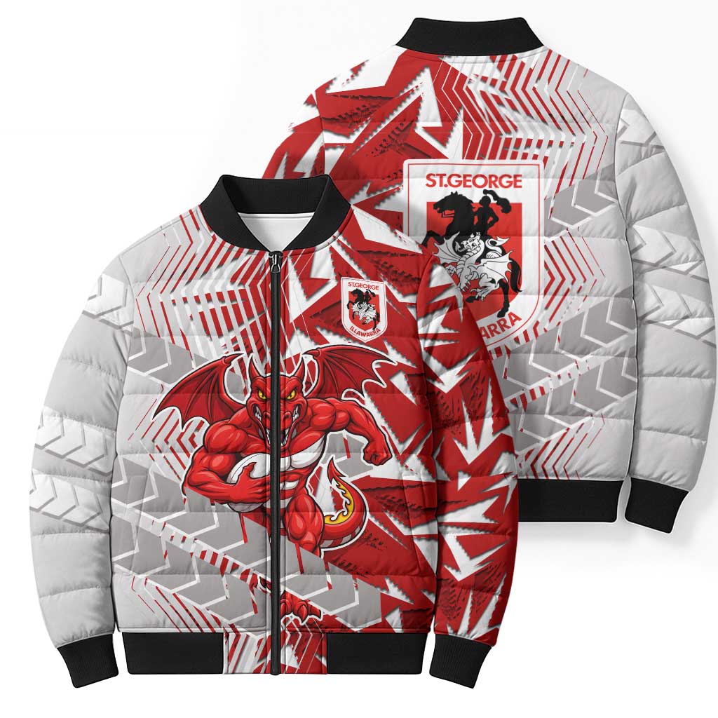 St George Illawarra Dragons Rugby Bomber Puffer Jacket Fierce Mascot Geometric Tribal Art