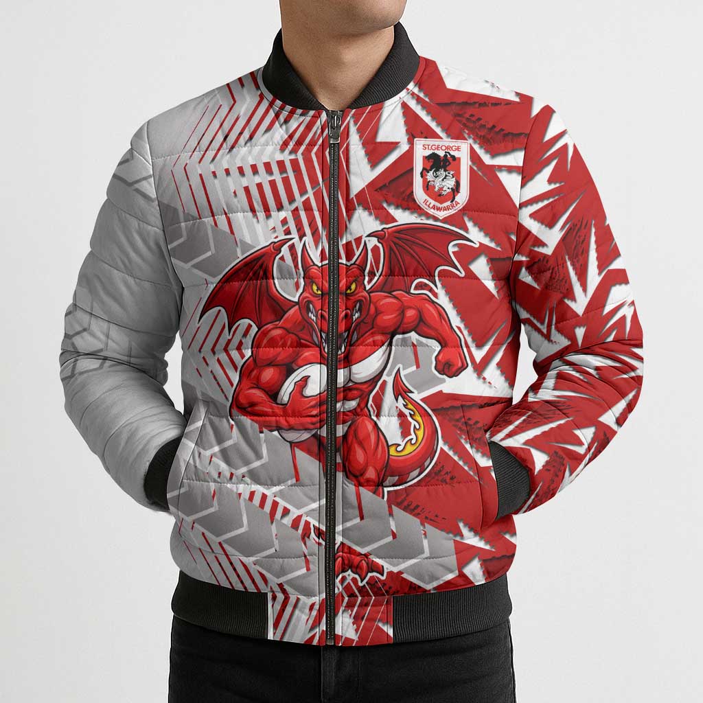 St George Illawarra Dragons Rugby Bomber Puffer Jacket Fierce Mascot Geometric Tribal Art