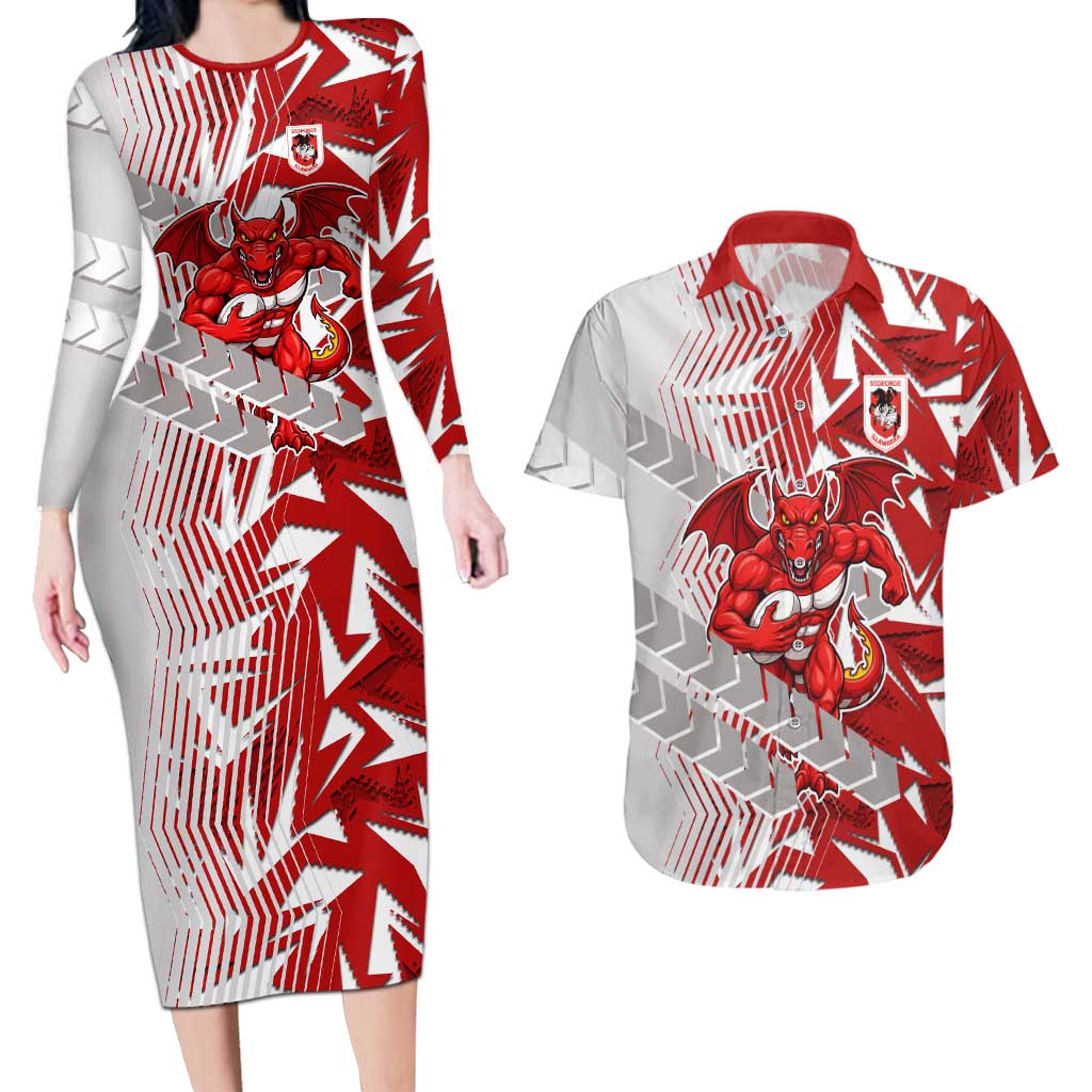 St George Illawarra Dragons Rugby Couples Matching Long Sleeve Bodycon Dress and Hawaiian Shirt Fierce Mascot Geometric Tribal Art