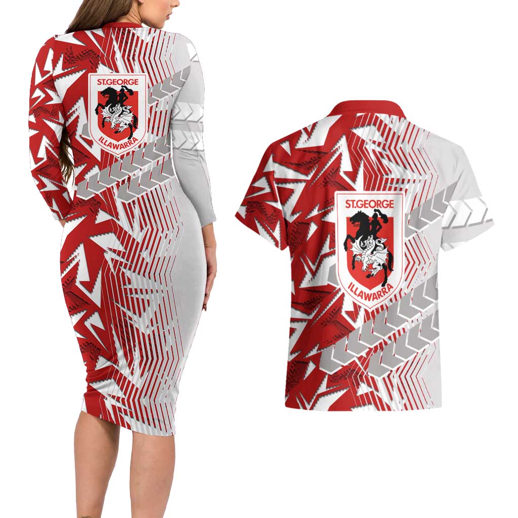 St George Illawarra Dragons Rugby Couples Matching Long Sleeve Bodycon Dress and Hawaiian Shirt Fierce Mascot Geometric Tribal Art