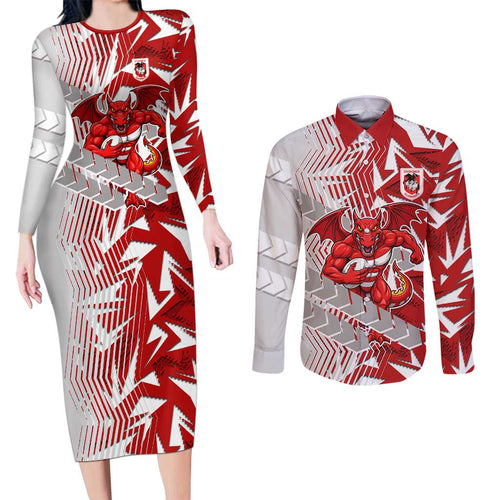St George Illawarra Dragons Rugby Couples Matching Long Sleeve Bodycon Dress and Long Sleeve Button Shirt Fierce Mascot Geometric Tribal Art