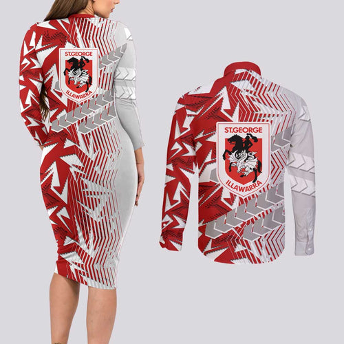 St George Illawarra Dragons Rugby Couples Matching Long Sleeve Bodycon Dress and Long Sleeve Button Shirt Fierce Mascot Geometric Tribal Art