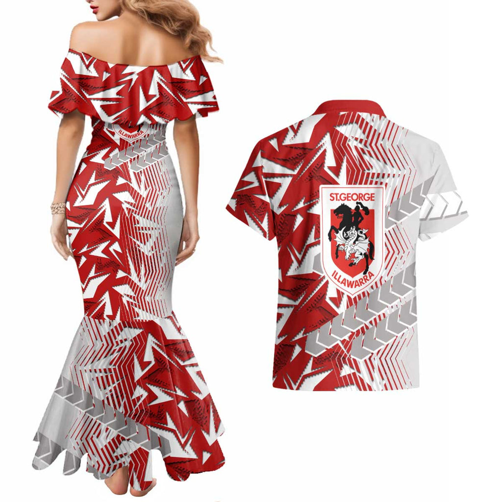 St George Illawarra Dragons Rugby Couples Matching Mermaid Dress and Hawaiian Shirt Fierce Mascot Geometric Tribal Art