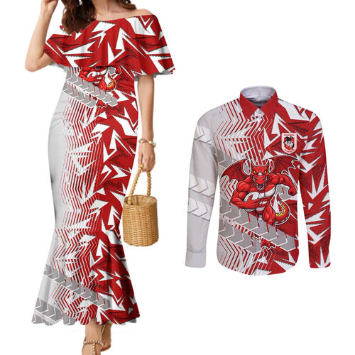 St George Illawarra Dragons Rugby Couples Matching Mermaid Dress and Long Sleeve Button Shirt Fierce Mascot Geometric Tribal Art