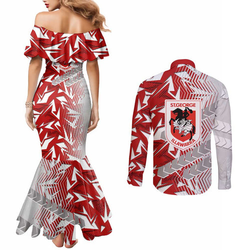 St George Illawarra Dragons Rugby Couples Matching Mermaid Dress and Long Sleeve Button Shirt Fierce Mascot Geometric Tribal Art