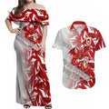 St George Illawarra Dragons Rugby Couples Matching Off Shoulder Maxi Dress and Hawaiian Shirt Fierce Mascot Geometric Tribal Art
