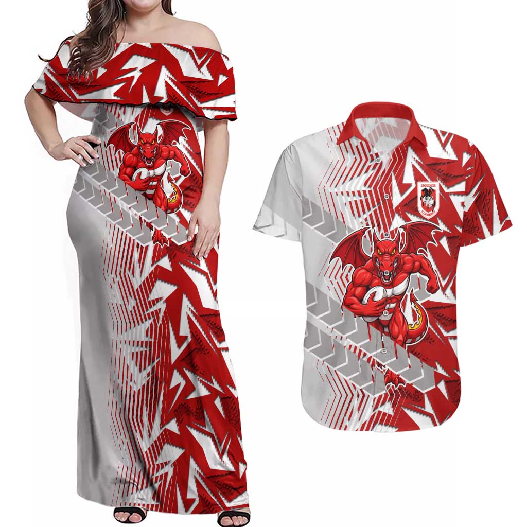 St George Illawarra Dragons Rugby Couples Matching Off Shoulder Maxi Dress and Hawaiian Shirt Fierce Mascot Geometric Tribal Art