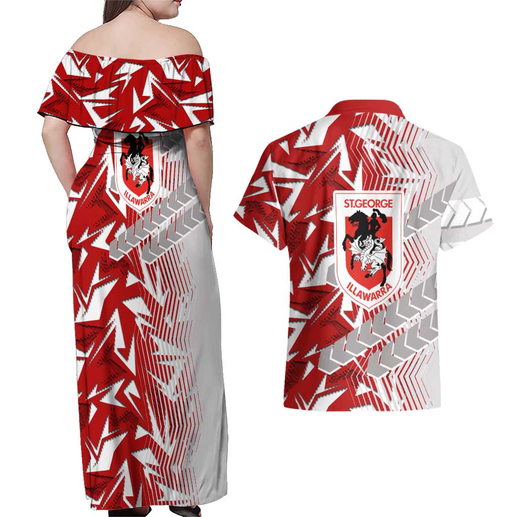 St George Illawarra Dragons Rugby Couples Matching Off Shoulder Maxi Dress and Hawaiian Shirt Fierce Mascot Geometric Tribal Art