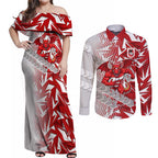 St George Illawarra Dragons Rugby Couples Matching Off Shoulder Maxi Dress and Long Sleeve Button Shirt Fierce Mascot Geometric Tribal Art
