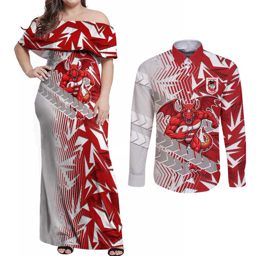 St George Illawarra Dragons Rugby Couples Matching Off Shoulder Maxi Dress and Long Sleeve Button Shirt Fierce Mascot Geometric Tribal Art