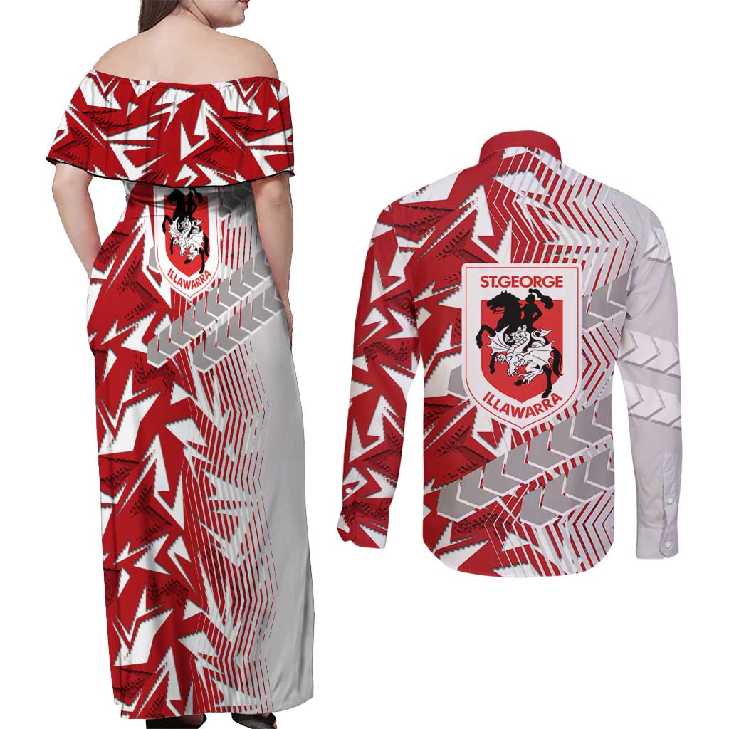 St George Illawarra Dragons Rugby Couples Matching Off Shoulder Maxi Dress and Long Sleeve Button Shirt Fierce Mascot Geometric Tribal Art