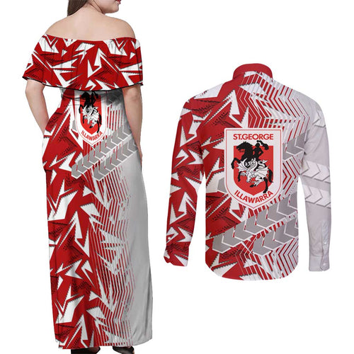 St George Illawarra Dragons Rugby Couples Matching Off Shoulder Maxi Dress and Long Sleeve Button Shirt Fierce Mascot Geometric Tribal Art