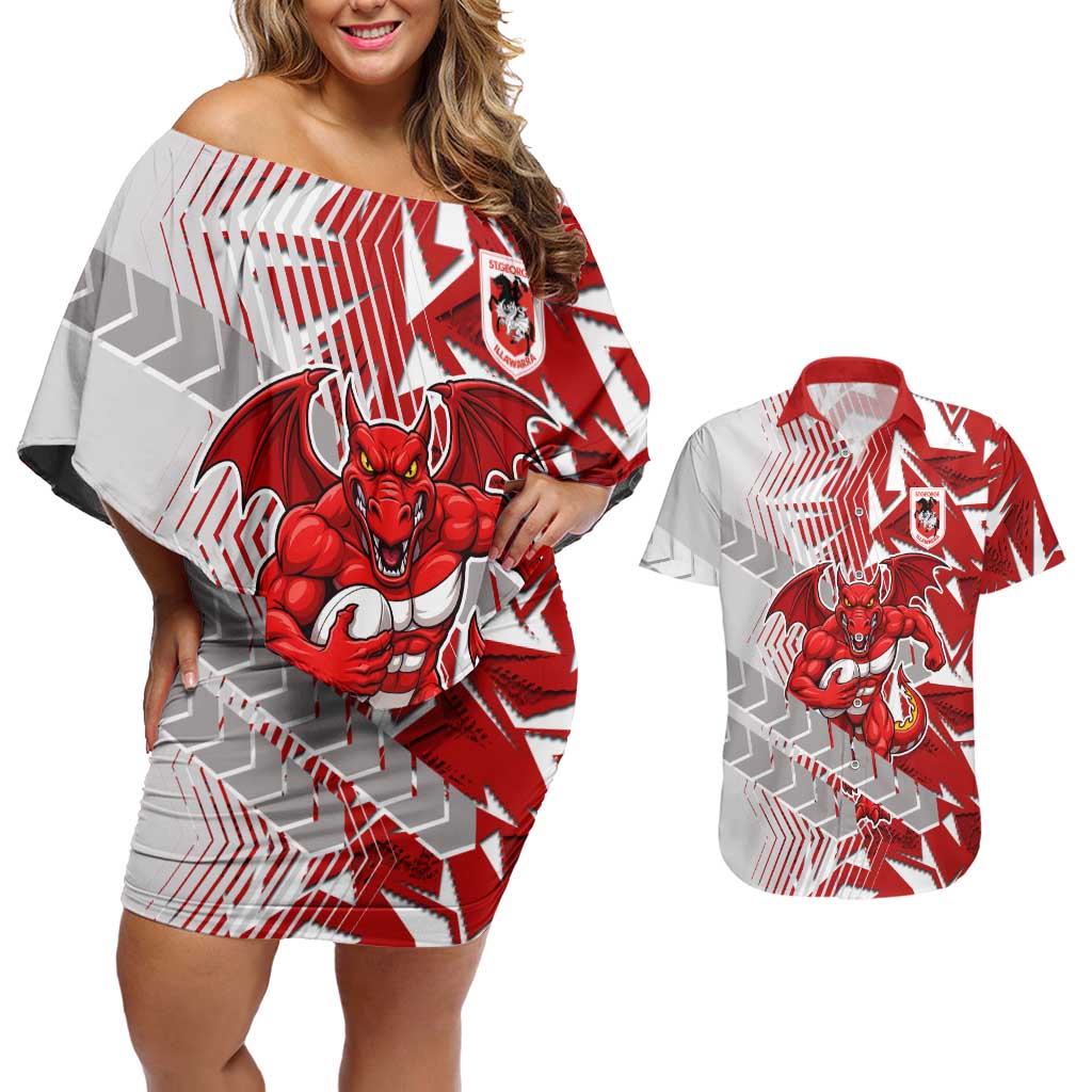 St George Illawarra Dragons Rugby Couples Matching Off Shoulder Short Dress and Hawaiian Shirt Fierce Mascot Geometric Tribal Art