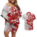 St George Illawarra Dragons Rugby Couples Matching Off Shoulder Short Dress and Hawaiian Shirt Fierce Mascot Geometric Tribal Art