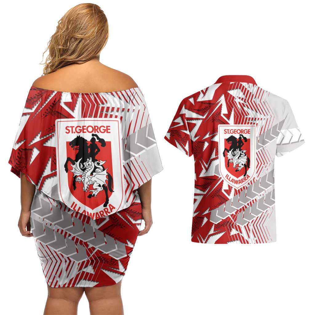 St George Illawarra Dragons Rugby Couples Matching Off Shoulder Short Dress and Hawaiian Shirt Fierce Mascot Geometric Tribal Art