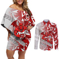 St George Illawarra Dragons Rugby Couples Matching Off Shoulder Short Dress and Long Sleeve Button Shirt Fierce Mascot Geometric Tribal Art