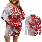 St George Illawarra Dragons Rugby Couples Matching Off Shoulder Short Dress and Long Sleeve Button Shirt Fierce Mascot Geometric Tribal Art