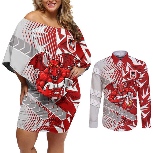 St George Illawarra Dragons Rugby Couples Matching Off Shoulder Short Dress and Long Sleeve Button Shirt Fierce Mascot Geometric Tribal Art