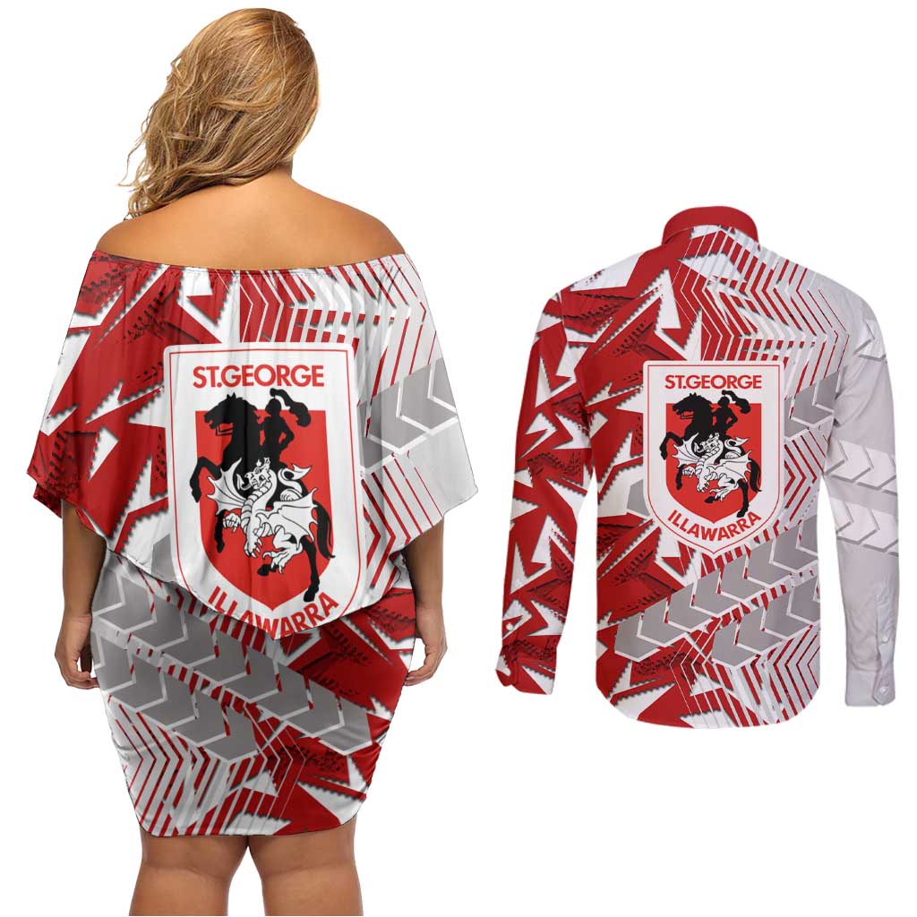 St George Illawarra Dragons Rugby Couples Matching Off Shoulder Short Dress and Long Sleeve Button Shirt Fierce Mascot Geometric Tribal Art