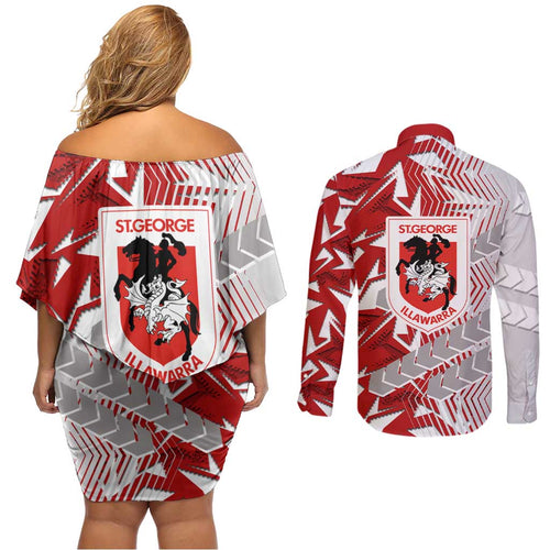 St George Illawarra Dragons Rugby Couples Matching Off Shoulder Short Dress and Long Sleeve Button Shirt Fierce Mascot Geometric Tribal Art