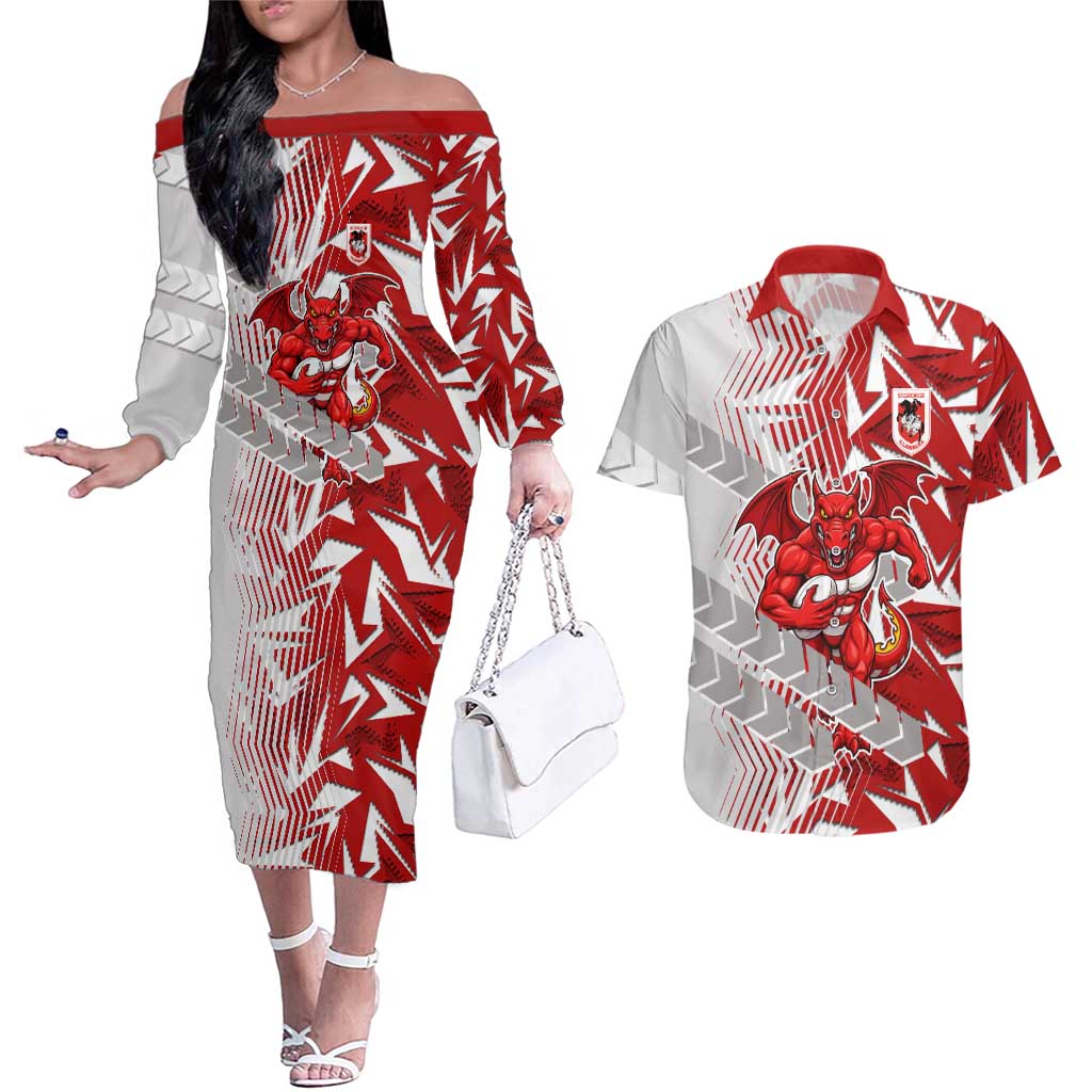 St George Illawarra Dragons Rugby Couples Matching Off The Shoulder Long Sleeve Dress and Hawaiian Shirt Fierce Mascot Geometric Tribal Art