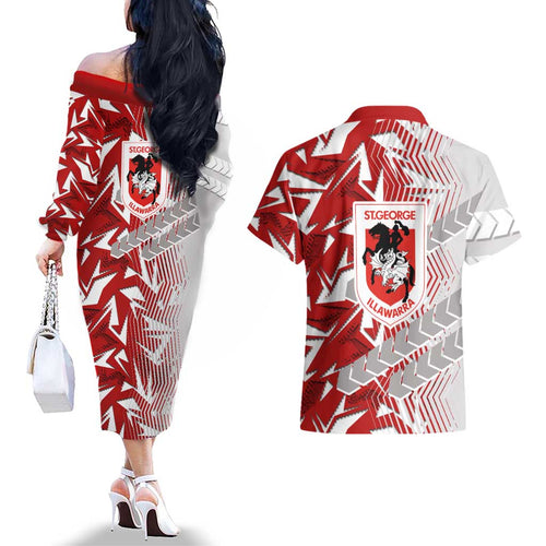 St George Illawarra Dragons Rugby Couples Matching Off The Shoulder Long Sleeve Dress and Hawaiian Shirt Fierce Mascot Geometric Tribal Art