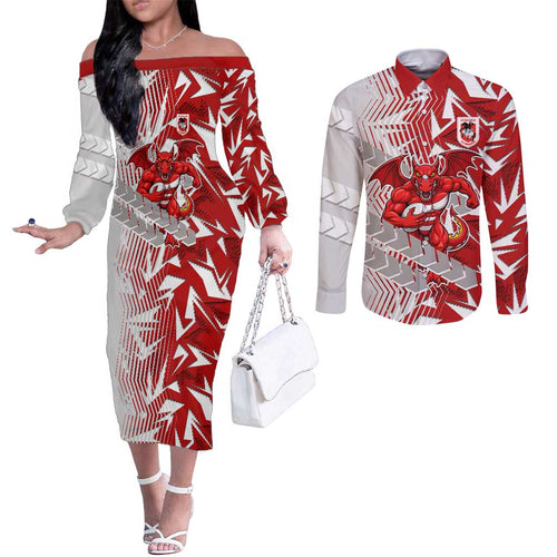 St George Illawarra Dragons Rugby Couples Matching Off The Shoulder Long Sleeve Dress and Long Sleeve Button Shirt Fierce Mascot Geometric Tribal Art