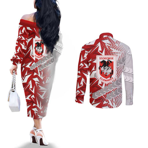 St George Illawarra Dragons Rugby Couples Matching Off The Shoulder Long Sleeve Dress and Long Sleeve Button Shirt Fierce Mascot Geometric Tribal Art