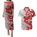 St George Illawarra Dragons Rugby Couples Matching Puletasi and Hawaiian Shirt Fierce Mascot Geometric Tribal Art
