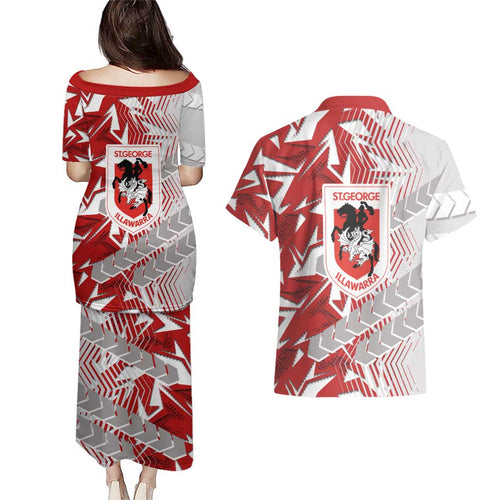 St George Illawarra Dragons Rugby Couples Matching Puletasi and Hawaiian Shirt Fierce Mascot Geometric Tribal Art