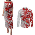 St George Illawarra Dragons Rugby Couples Matching Puletasi and Long Sleeve Button Shirt Fierce Mascot Geometric Tribal Art