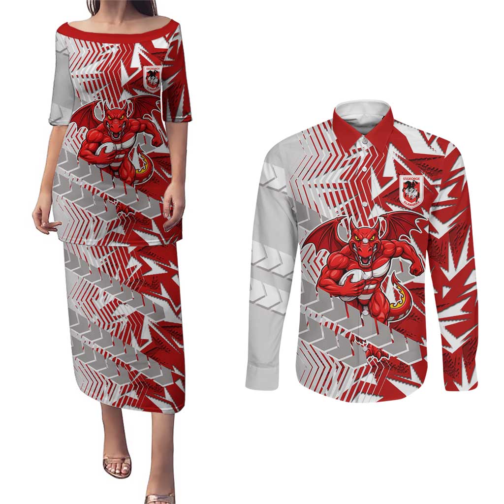 St George Illawarra Dragons Rugby Couples Matching Puletasi and Long Sleeve Button Shirt Fierce Mascot Geometric Tribal Art