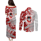 St George Illawarra Dragons Rugby Couples Matching Puletasi and Long Sleeve Button Shirt Fierce Mascot Geometric Tribal Art